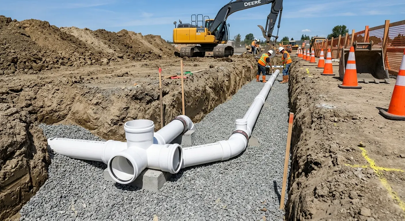 New PVC sewer pipe installation in open trench for Sewer Camera Inspection in Ashland