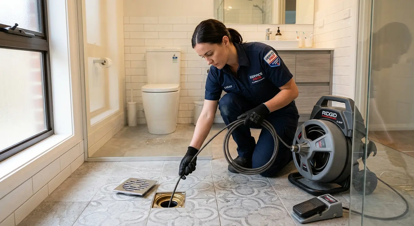 Technician clearing a bathroom floor drain for Drain Repair in Ashland